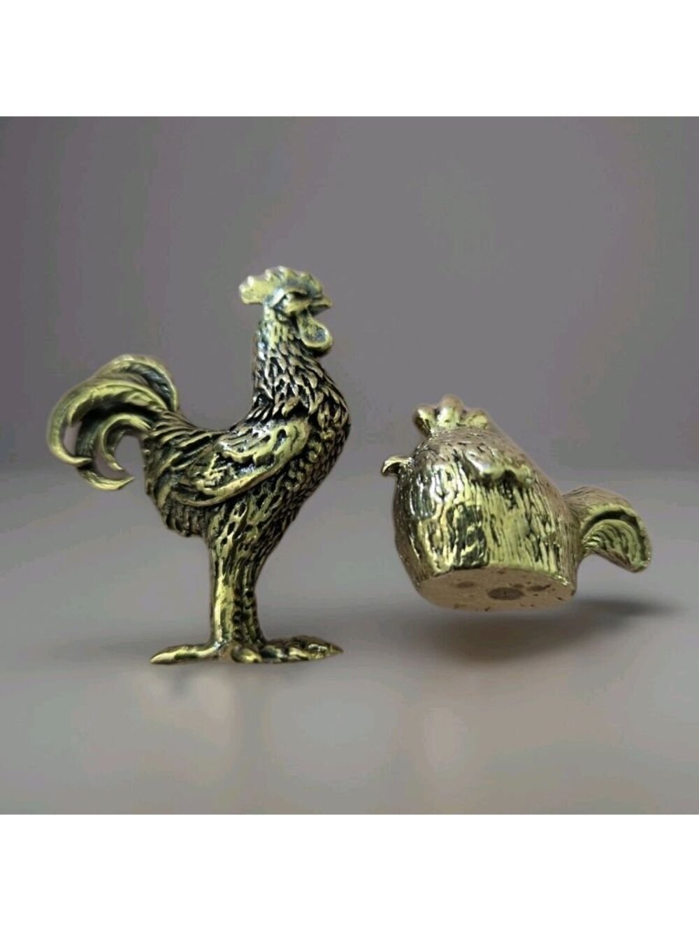 Vintage Miniature Brass Rooster Hen Figurine Set Small Chicken Country Decor‎